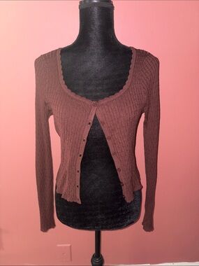 Ribbed Brown Scoop-Neck Button Cardigan
